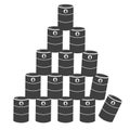 Black barrels of oil lined up in a pyramid